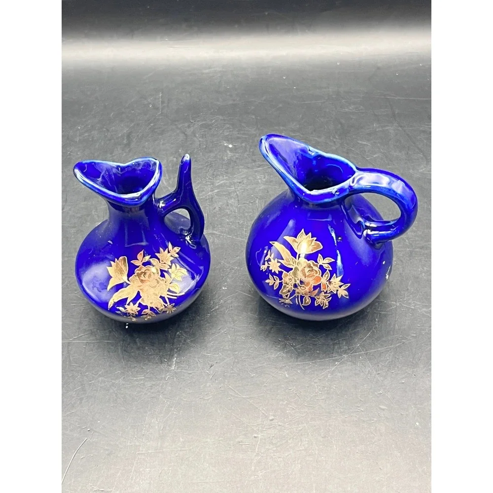 Vintage Set of 2 Chadwick Mini Bud Vases Cobalt Blue‎ Gold Flowers-3.25